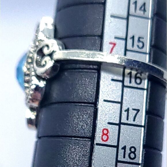 Aquamarine Blue Zircon Filagree Silver Ring Boho Stackable Blue Jeweled Jewelry - Picture 4 of 4